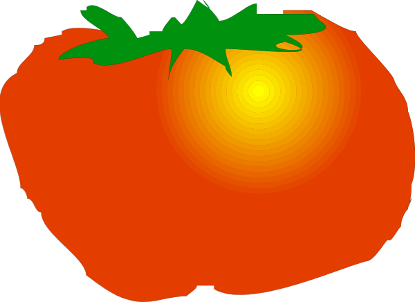 The image shows a tomato with green leaves on top of it against an orange background that resembles sunlight rays.
