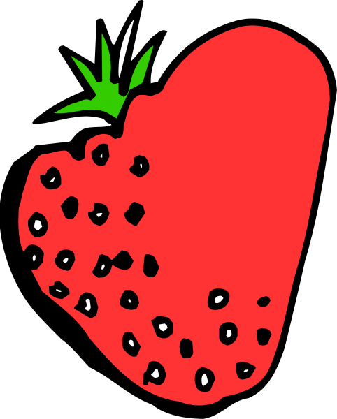 The image shows a cartoon strawberry with seeds on its surface against a black background.