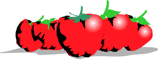 The image shows a row of red bell peppers with green stems on top against a gray background.