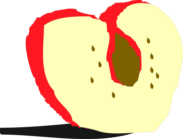 The image shows a cartoon apple with two bites taken out of it on top of what appears to be an ice cream cone in front of some sprinkles that look like chocolate chips.