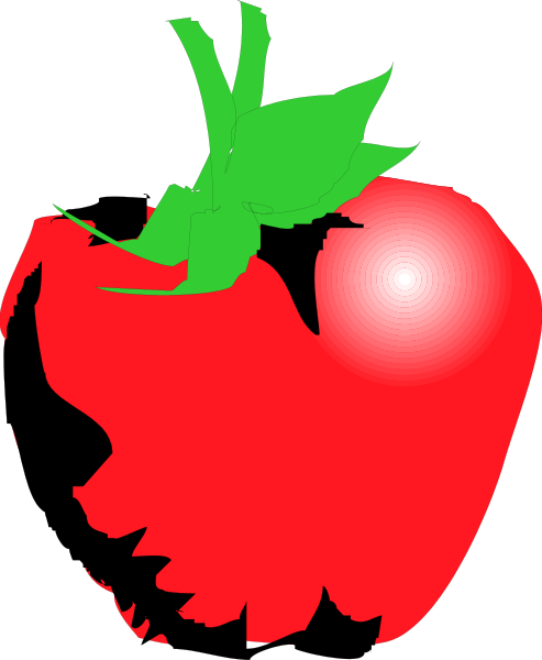 The image shows a red apple with green leaves on top of it against a black background.