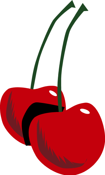 The image shows a cartoon of two red cherries with green stems on top against a white background.
