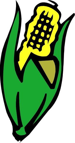 The image shows a graphic of an ear of corn with cobbed kernels on top next to its green stalks against a black background; there is no text present in this clip-art illustration.