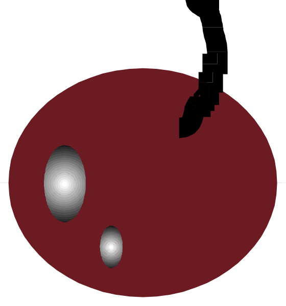The image shows a split screen with two different scenes: on top, there is an illustration of what appears to be a red planet-like object in space; below it, another scene depicts three small white dots against a dark background that could represent stars or other celestial bodies within the same cosmic setting.