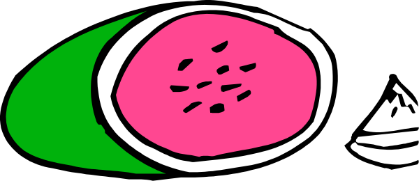 The image shows a cartoon of two slices of watermelon with seeds on top against an abstract background that resembles waves in blue tones at the bottom half and pinkish-red hues above, suggesting fruit juice being poured from one slice to another.