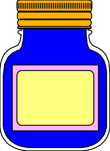 The image shows a blue bottle with an orange label inside it against a black background.