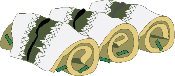 The image shows a row of wrapped items that resemble burritos with various toppings on them; there is no text present in this clip-art illustration.