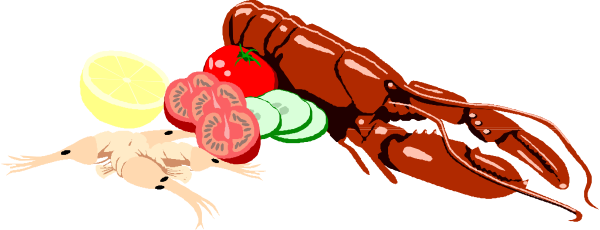 The image shows a cartoon of various seafood items including lobsters on top with fruits like watermelon and pineapple below them in front view against an unseen background.