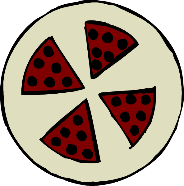 The black and white images show a pizza slice with pepperoni on it next to an empty circle that represents another piece of pizza in one image, while two slices of pizza appear side by side in the other image.