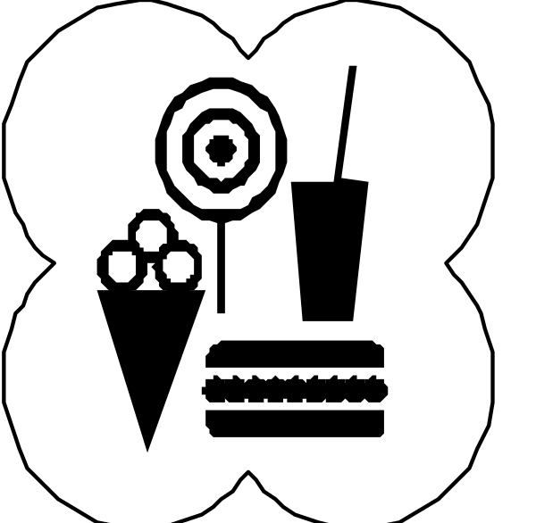 The black and white logo features a variety of items including food like pizza slices with toppings, ice cream cones, donuts, hot dogs on buns, hamburgers, sandwiches, fries in paper containers, drinks such as sodas or milkshakes, candy bars, popcorn bags and boxes. There are also utensils depicted like a knife for cutting pizza slices, straws with beverages, spoons possibly used to eat ice cream cones or hot dogs on buns, fries in paper containers which could imply they'
