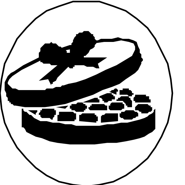 The black and white illustration shows three different food items: a pizza slice with pepperoni toppings on top of it; an open sandwich revealing its filling inside; and what appears to be a pie cut into slices, possibly filled with fruit like apple or cherry.