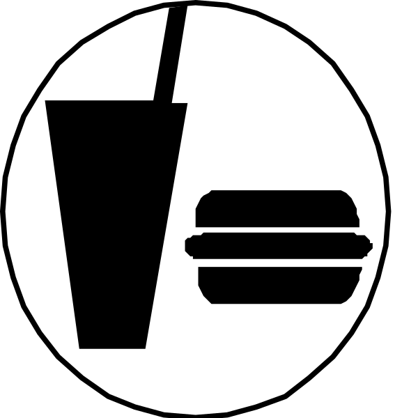The black and white icon shows a hamburger with fries next to it on top of what appears to be an ice cream cone, suggesting fast food options; below that is a cupcake indicating dessert availability; at bottom left there's a sandwich or burger symbolizing another meal option.