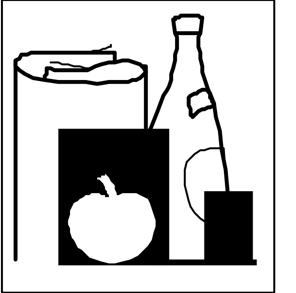 The black and white illustration shows a grocery store scene with various items such as bottles of soda, apples, an orange, bread loaves, milk cartons, eggs in their packaging, bananas, cans of food like tuna fish, tomatoes, onions, carrots, broccoli, potatoes and other vegetables.