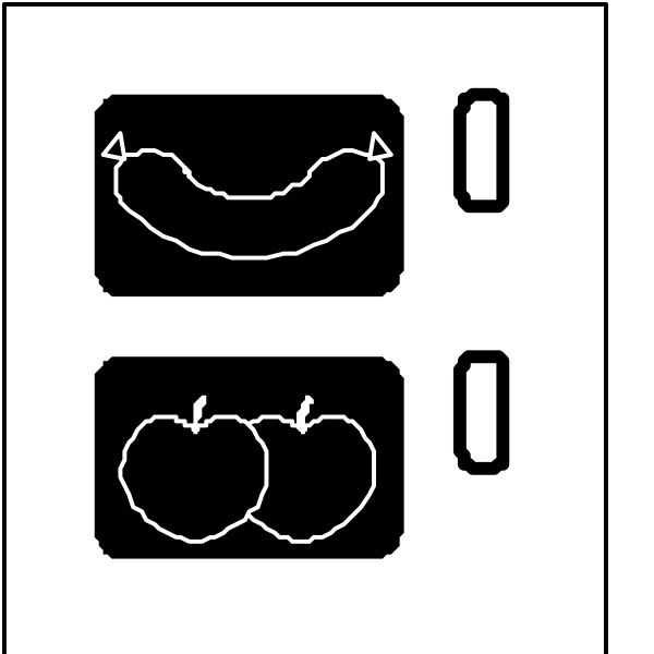 The black and white illustration shows a refrigerator with various food items inside: bananas on top shelf, apples in middle drawer, eggs at bottom right corner of door shelves; above it is an oven displaying hot dogs being cooked.