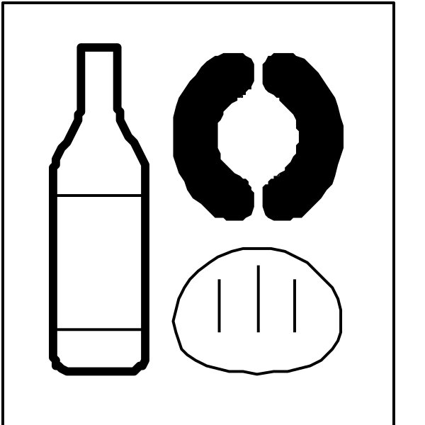 The black and white icon shows a bottle of wine, bread loaf with slices missing, an eggplant, a baguette roll, two bottles (one resembling beer), a carton that could be milk or juice, some meat items like steak and chicken drumstick, a whole fish, eggs in their shells, cheese wedges, butter, yogurt container with lid on top.