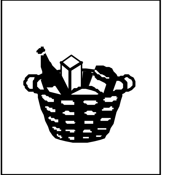 The image shows a black and white icon of two baskets with items inside them: on top is an open basket containing various foodstuffs like bread loaves; below it is another closed wicker basket filled with bottles, suggesting groceries for sale or purchase at a marketplace.