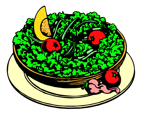 The illustration shows a plate of salad with various vegetables such as lettuce, tomatoes, broccoli, carrots, cucumbers, onions, celery, bell peppers, and possibly other ingredients like cheese or croutons. There is also what appears to be an orange slice in the corner for garnish. The salad looks freshly prepared with a variety of colors from green vegetables to red tomatoes.