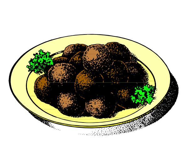 The black and white illustration shows a plate of meatballs with parsley on top placed against a dark background.