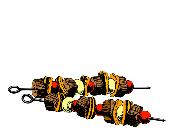 The image shows a colorful illustration of several kebabs on skewers with various meats and vegetables arranged in an appetizing manner against a dark background.
