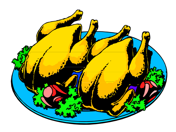 The image shows a cartoon of three roasted chickens on top of vegetables inside an oven tray with a blue background.