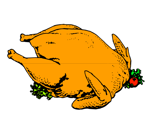 The image shows a cartoon of an orange chicken with its head missing, lying on top of what appears to be green grass in front of it.
