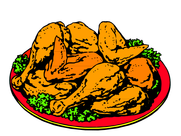 The image shows a plate of fried chicken with garnishes on top placed against an orange background that resembles flames.