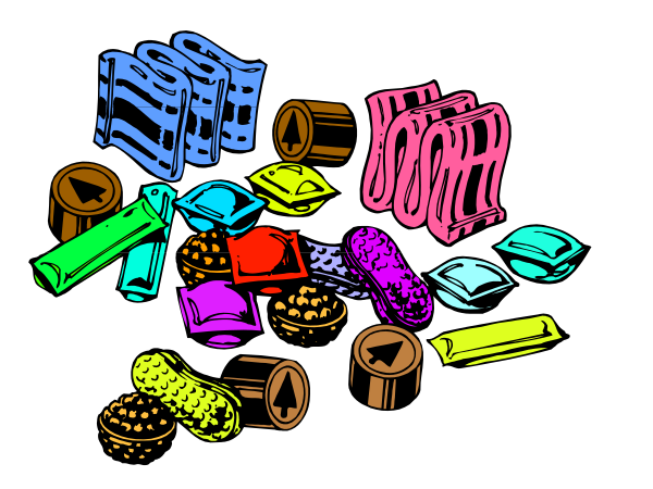 The image shows a collection of colorful items including candies with various shapes like hearts and stars, small toys resembling cars in different shades, and what appears to be an assortment of other objects that could include stickers or magnets due to their flat nature and the presence of one item shaped as a heart. The background is black which contrasts sharply with these colorful items making them stand out prominently against it.
