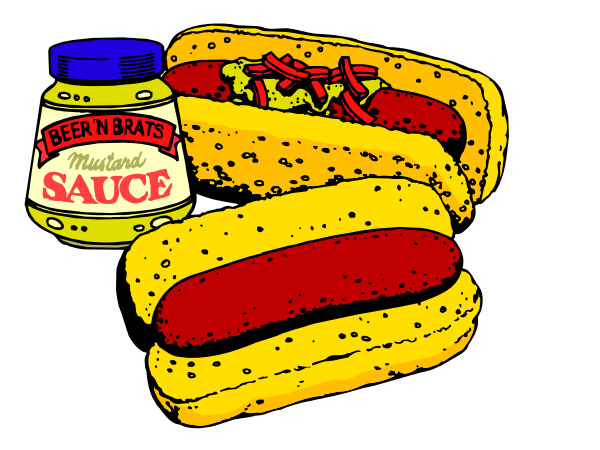 The illustration shows two hot dogs with mustard on a black background next to an open jar of pickles labeled "Beer Nuts Mustard."