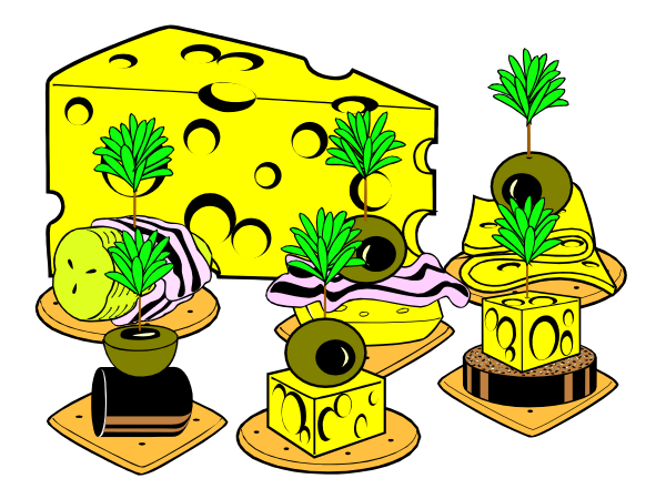 The illustration depicts a cartoonish scene with three pieces of cheese on pedestals surrounded by various plants; there is also an anthropomorphic piece of cheese that appears to be eating from one plant while another looks at it, and two more cheesy characters in pots are watering the surrounding vegetation.