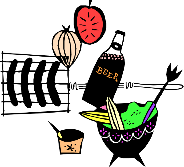 The black and white illustration features a variety of items including musical notes that resemble sheet music with clefs on top, food such as an apple slice, orange slices, bananas, carrots, broccoli, cake pieces, pizza slices, donuts, hot dogs in buns, sandwiches, and bowls containing various foods. There are also bottles of beer or soda pops with labels that say "beer" on them, a wine glass filled to the brim, an ice bucket partially visible at top left corner, two cups near bottom right