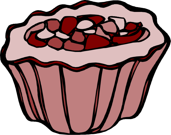 The image shows a cartoon of two cupcakes with red icing on top placed next to each other against a black background. There is no text present in this clip-art illustration. Each cupcake has white frosting and sprinkles, giving them an appetizing appearance. They are the main focus of the image without any additional objects or actions depicted within it.