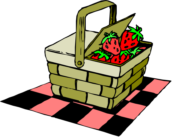 The illustration shows a cartoon depiction of an open picnic basket filled with strawberries on top of what appears to be bricks in front of it.