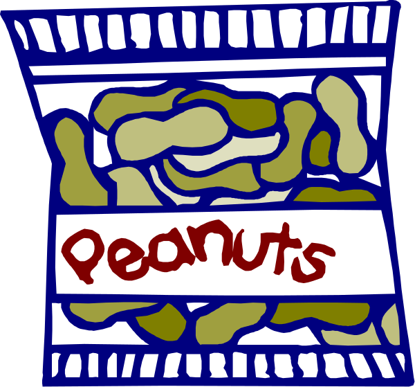 The image shows a cartoon of two bags filled with peanuts labeled "PEANUTS" on top against an open blue sky background.