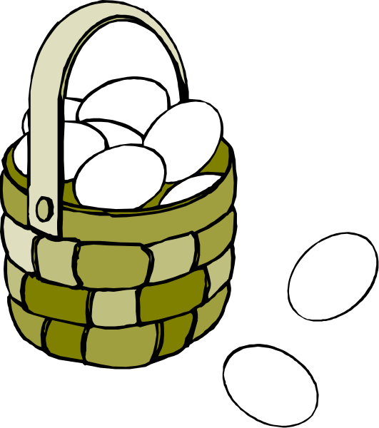 The cartoon shows a basket filled with eggs on top of an open umbrella next to two birds standing nearby.
