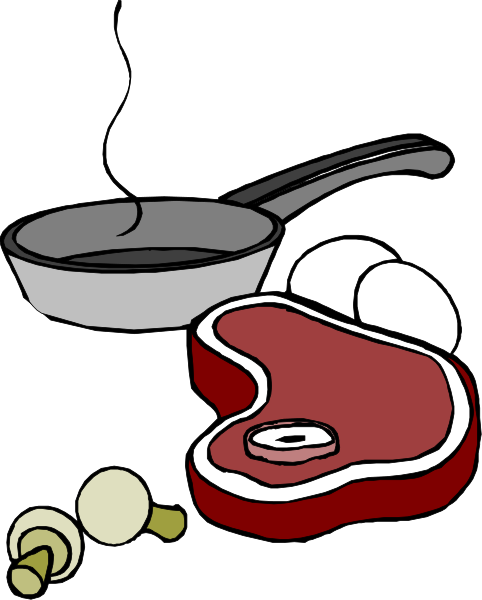 The image shows a cartoon depiction of cooking ingredients on a black background: there is an eggplant to the left side; in front of it lies what appears to be meat with bones exposed; next to that, two whole eggs and some chopped garlic cloves can also be seen; above these items are utensils including a knife, spoon, fork, pan, pot, frying spatula, whisk, ladle, measuring cup, rolling pin, cheese grater, peeler, colander, strainer, slotted spoon, tongs, and other kitchen tools. The image
