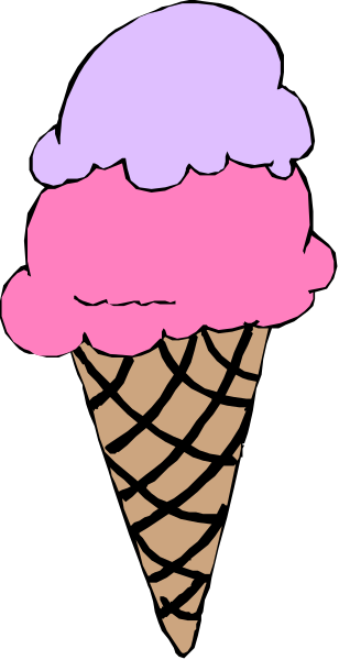 The image shows a single scoop of pink ice cream on top of chocolate waffle cone with vanilla drizzles around it against a gray background.