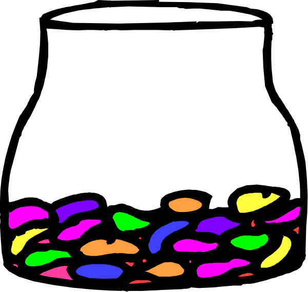 The black and white illustration shows two vases filled with colorful candy pieces that resemble jellybeans; there is no text present in this image.
