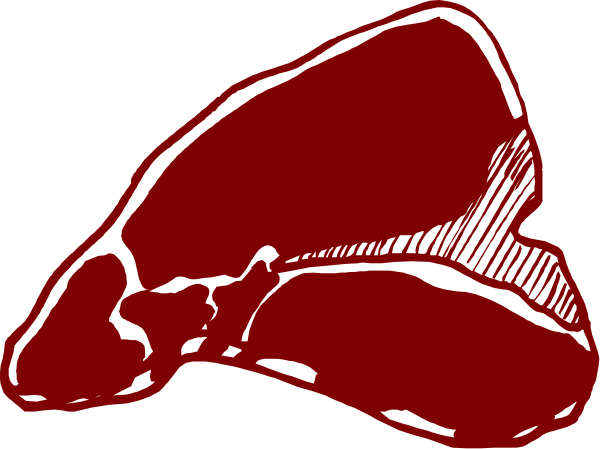 The image shows a red steak with white lines indicating its shape on a dark background.