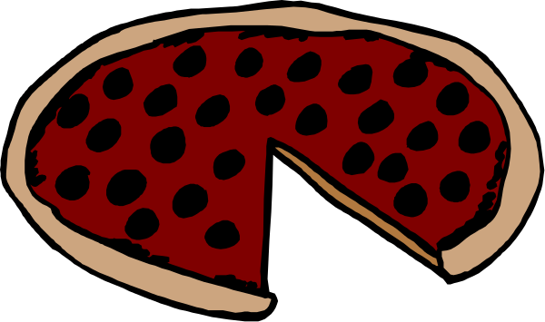 The image shows a slice of pizza with black olives on it next to an empty pie pan.