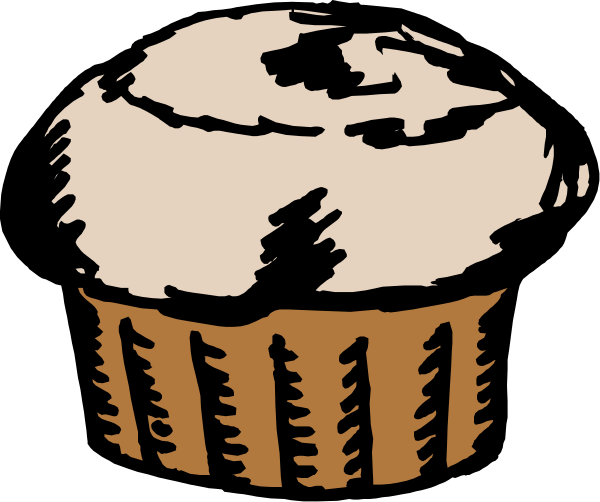 The black and white illustration shows a cupcake with frosting on top of it placed inside an open muffin tin.