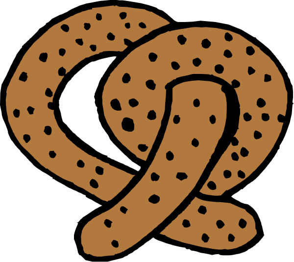 The black and white illustration shows a cartoon depiction of two pretzels with chocolate chips on them tied together by what appears to be cookie dough