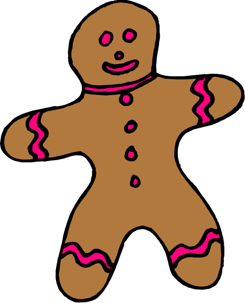 The image shows a cartoon gingerbread man with pink icing on its face standing against a black background. It has two arms raised in front of it as if waving. There is no text present, and there's only one object which is this animated character that resembles a cookie or biscuit personified to look like an actual humanoid figure with facial features such as eyes, nose, mouth, eyebrows, ears, hands, feet, and clothing details including what appears to be icing on the face. The gingerbread man has two arms raised in front of