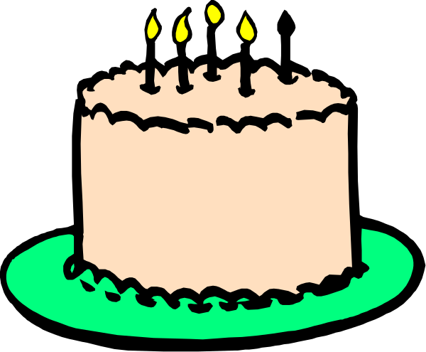 The black and white illustration shows a birthday cake with candles on it placed next to another smaller cake that has been cut into slices, both sitting atop what appears to be green icing or frosting; there is no text present in this image.