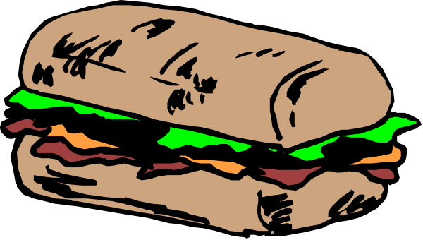 The black and white illustration shows a submarine sandwich with various toppings on it placed next to another similar sub in an open bakery case.
