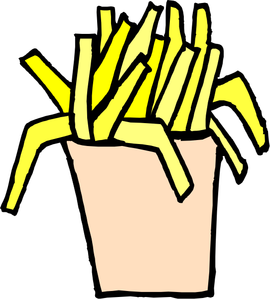 The image shows a cartoon of French fries inside an open paper container with yellow crinkle cut edges on top of it.