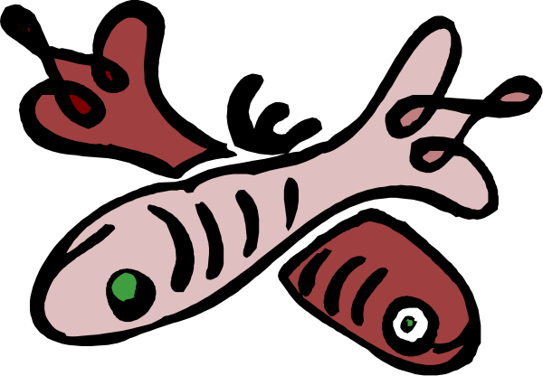 The image shows a cartoon of two fish with red fins swimming next to each other against a black background.