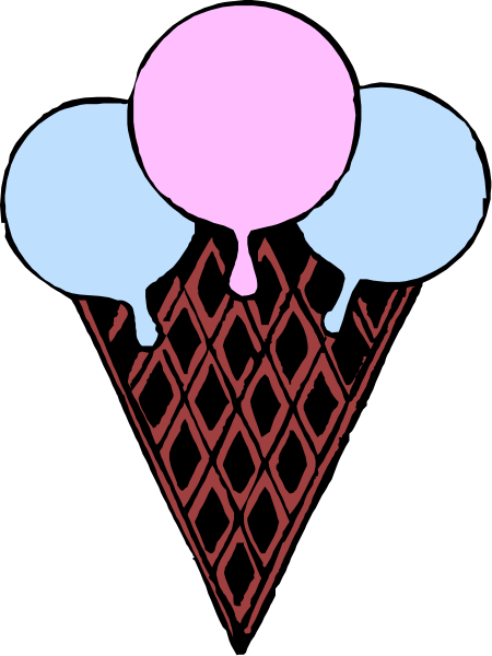 The image shows a cartoon of an ice cream cone with three scoops on top: two pink ones atop each other in front of one blue scoop; above them is a red dripping syrup, and below it all sits inside what appears to be a waffle-like structure.
