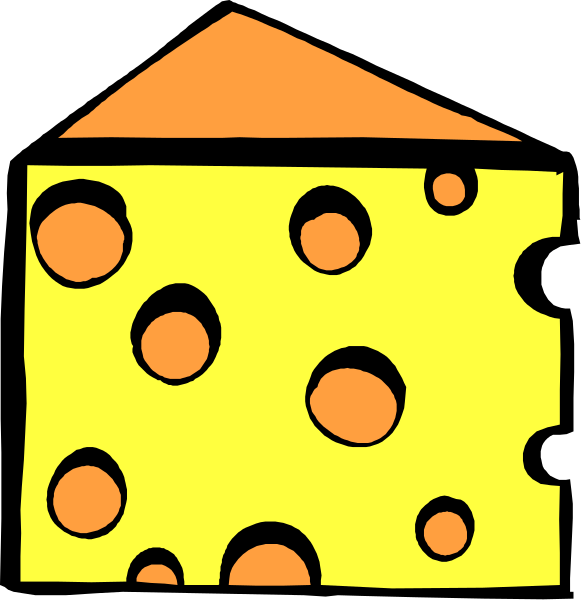 The image shows a simple line drawing of an orange house with cheese slices on it against a black background.