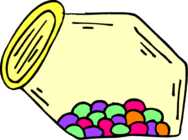 The black and white illustration shows a jar filled with colorful candy balls next to an open container of pills on top of it.