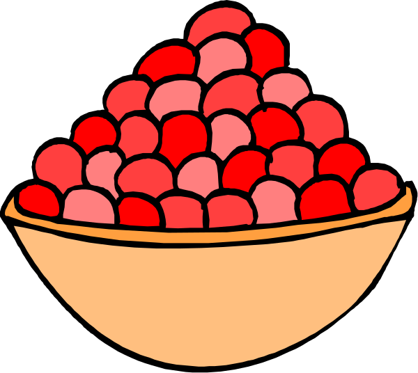 The illustration shows a cartoon depiction of two bowls filled with red candies on top of each other against a black background; there is no text present in this image.